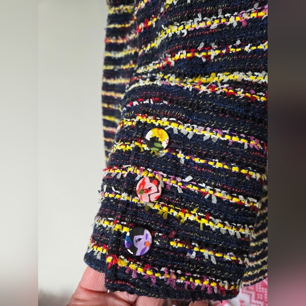 Cabi Headliner Multicolor Striped Long-Sleeve Knit Jacket With Floral Buttons. - Picture 6 of 15